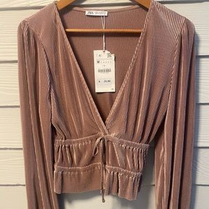 Zara Silky Ribbed Long Sleeve Mauve V-Neck Size Medium